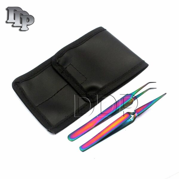 2 Pieces Of Multi Titanium Color 3d Eyelash Extension Tweezers Straight Angled Fine Point