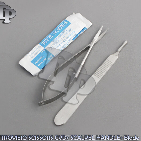 CASTROVIEJO SCISSORS CURVED 4.5''+ SCALPEL HANDLE #3 + 5 SURGICAL BLADES #15