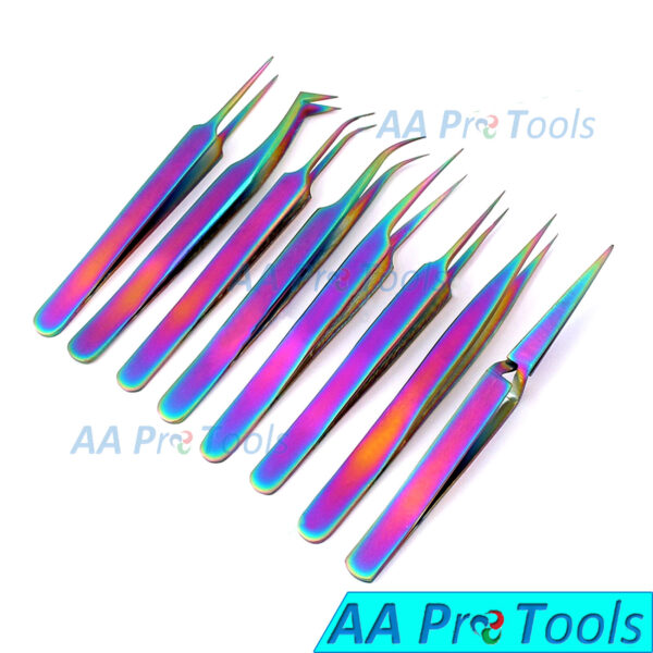 Set of 8 Piece Stainless Steel Multi Rainbow Color Eyelash Extension Tweezers