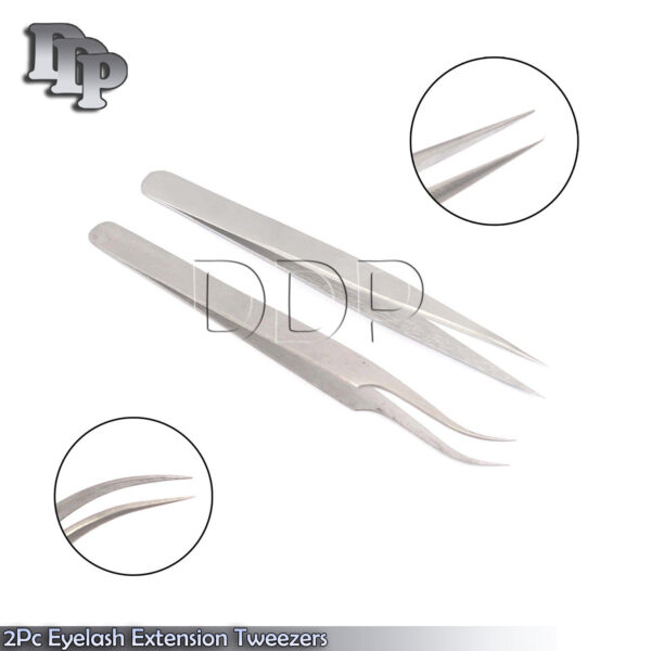 2 Pcs Straight And Curved Pointed Stainless Steel Tweezers For Eyelash Extension