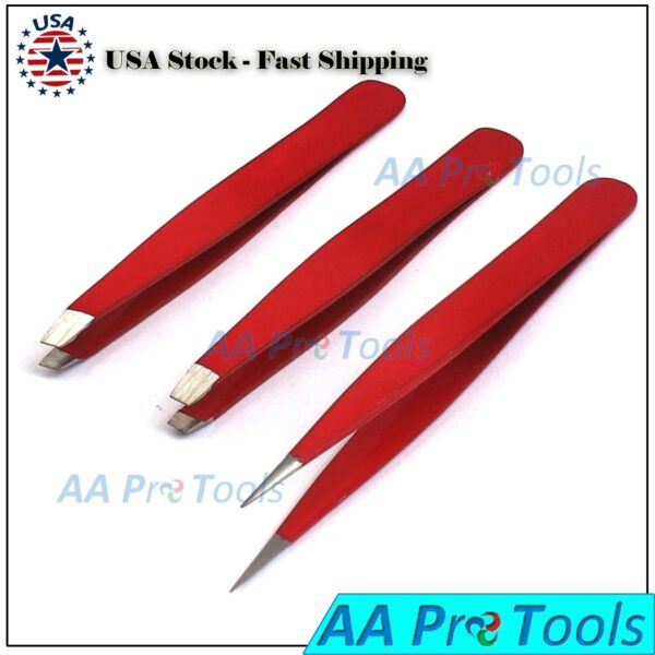 Beauty Eyelash FACIAL HAIR REMOVING Combo Fine Slanted Tip Tweezers RED 3/Pcs