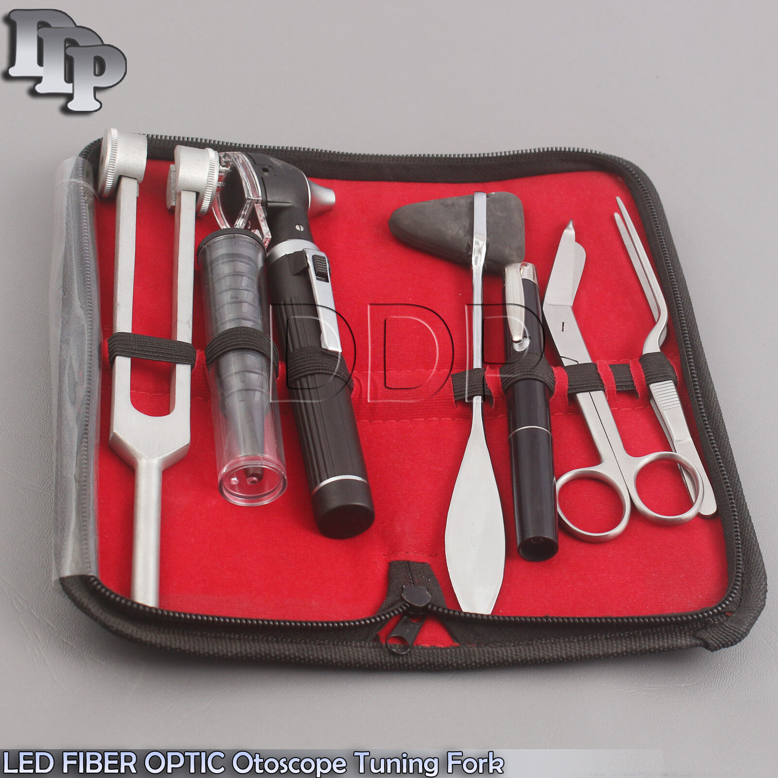LED-FIBER-OPTIC-Otoscope-Tuning-Fork-C128-Reflex-Hammer-Bandage-Scissors-BLACK-123054133771