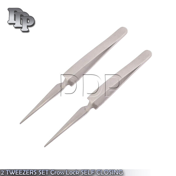2 Tweezers Set Cross Lock Self Closing Reverse Action