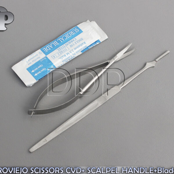 CASTROVIEJO SCISSORS CURVED 4.5''+ SCALPEL HANDLE #7+ 5 SURGICAL BLADES #10