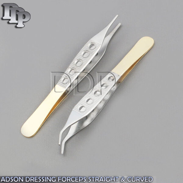 SET OF 2 ADSON DRESSING FORCEPS SERRATED 4.75" STRAIGHT & CURVED FENESTRATED