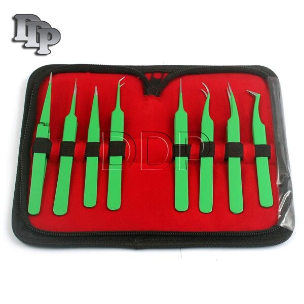 Set Of 8 Pieces Stainless Steel Green Color Eyelash Extension Tweezers