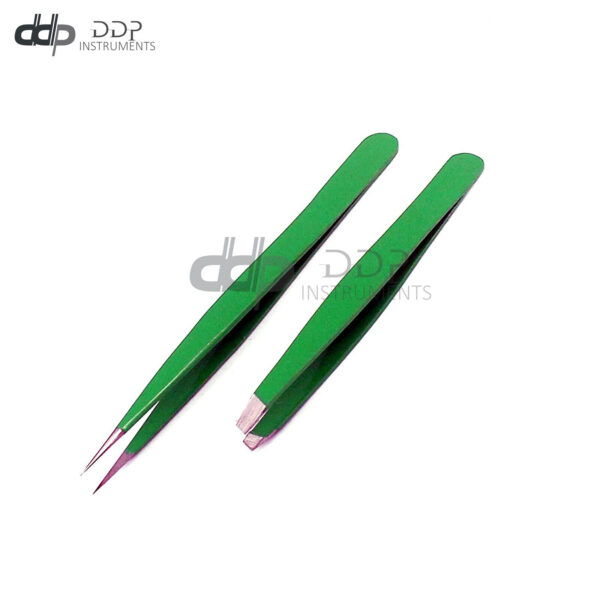 Slant & Pointed Tweezers Set Eyebrow Ingrown Facial & Nose Hair (Green) Color