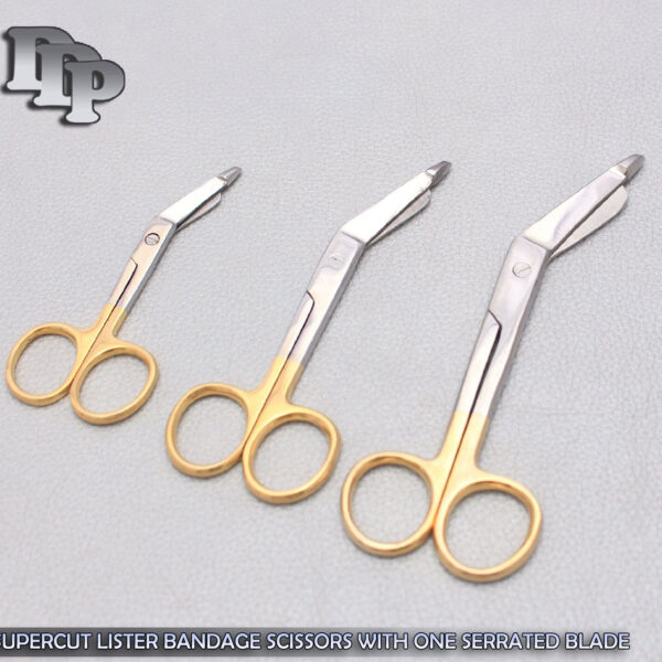 3 Pieces Of SUPERCUT LISTER BANDAGE SCISSORS 3.5'' + 4.5'' + 5.5'' GOLD HANDLE SERRATED BLADE
