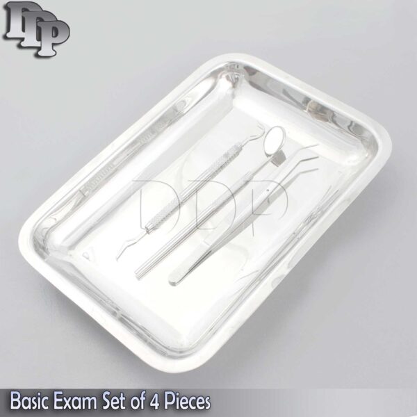 Dental Basic Exam Set of 4 Pieces Mouth mirror, Probe , Tweezers, Tray DN-597