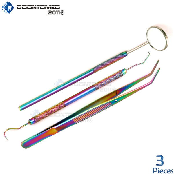 Dentists Tools Hygiene Kit Include - Tarter Scraper, Mirror, Tweezers Rainbow