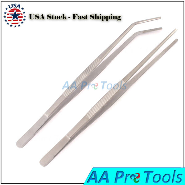 New 2 Pcs 12" Reptile Feeding Tongs Tweezers Straight & Curved Stainless Steel