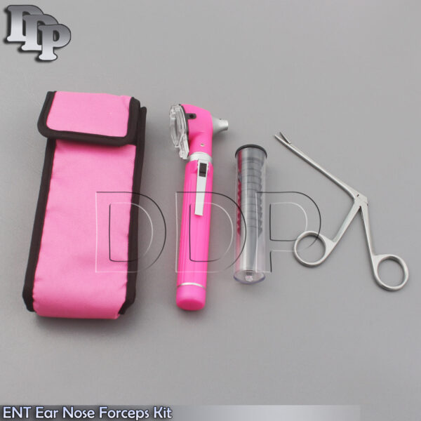 PINK MINI FIBER OPTIC Otoscope LED Diagnostic+Alligator ENT EAR NOSE forceps KIT