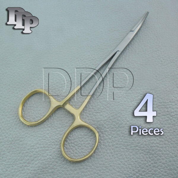 4 MOSQUITO HEMOSTAT LOCKING SURGICAL FORCEP 5" CURVED WITH GOLD HANDLE
