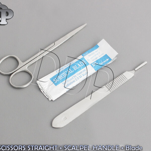 IRIS MICRO SCISSORS STRAIGHT 4.5" + SCALPEL HANDLE #3 + 5 SURGICAL BLADES #15