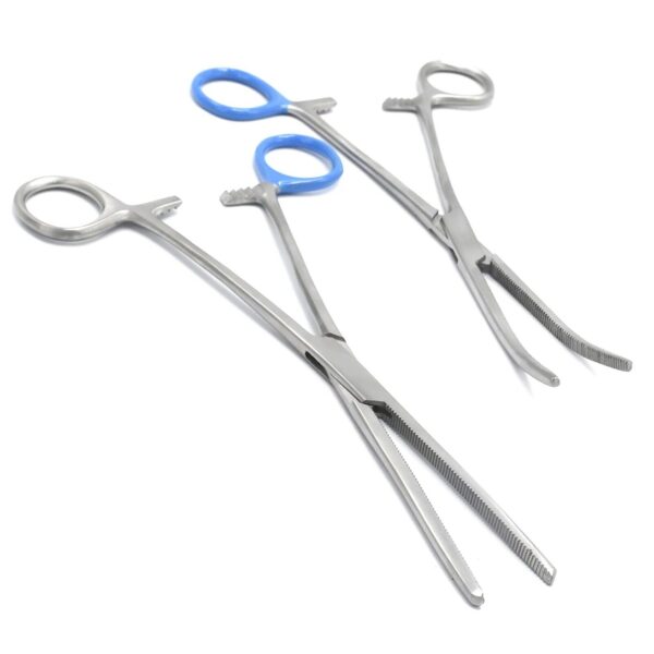 Set of 2  Hemostat Forceps 8'' Curved & Straight (Sky Blue Ring) Stainless Steel