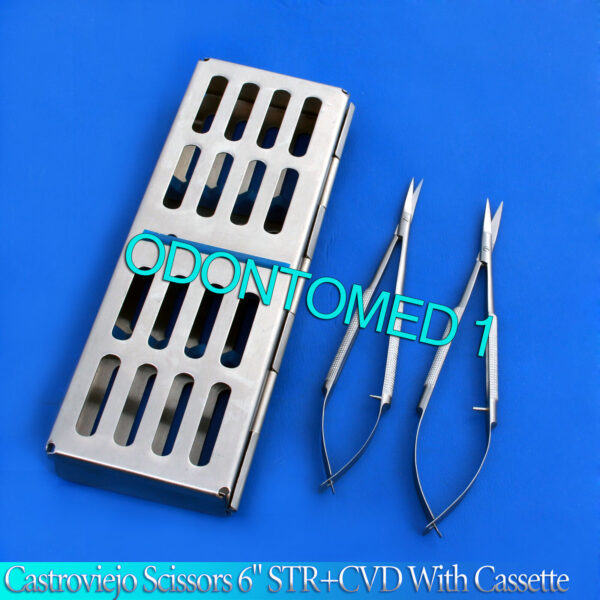 2 CASTROVIEJO MICRO SCISSORS 6" STRAIGHT+CURVED WITH STERILIZATION CASSETTE BOX