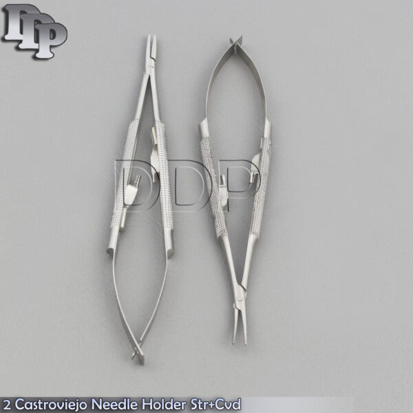 2 CASTROVIEJO MICRO SURGERY NEEDLE HOLDER CURVED+STRAIGHT 5" W/ TAPERED JAWS