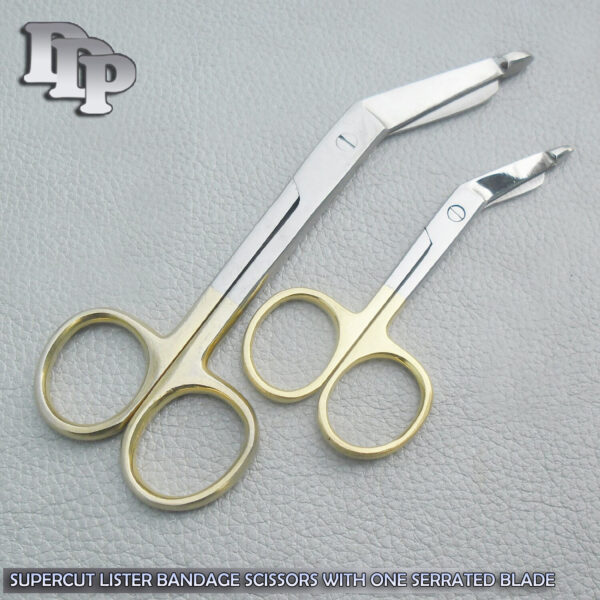 2 Pieces Of SUPERCUT LISTER BANDAGE SCISSORS 3.5'' + 4.5'' GOLD HANDLE ONE SERRATED BLADE
