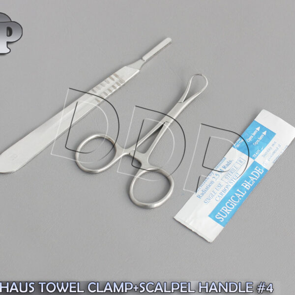 BACKHAUS TOWEL CLAMP 3.5"+SCALPEL HANDLE #4+5 SURGICAL BLADES #23