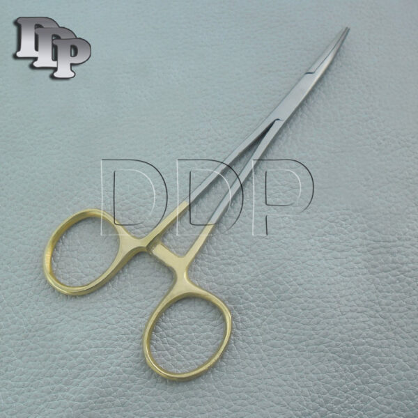 GOLD HANDLE FULL SERRATED DOG CAT HAIR PULLER HEMOSTAT 5" CURVED STAINLESS STEEL