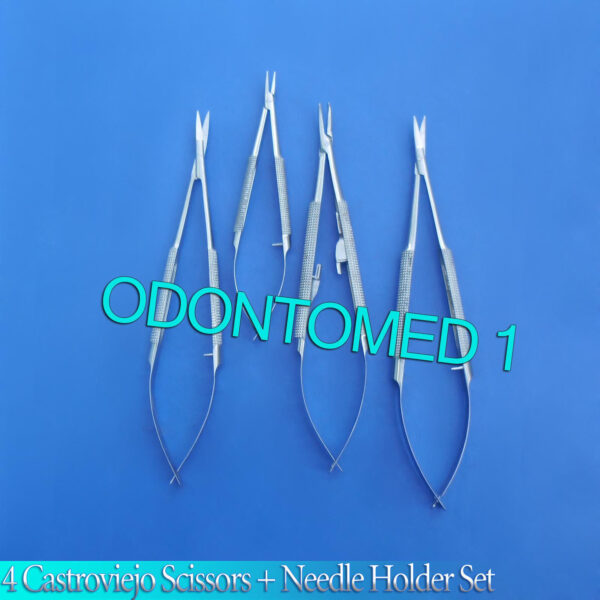 SET OF 4 CASTROVIEJO NEEDLE HOLDERS & SCISSORS CURVED+STRAIGHT TIP 6"
