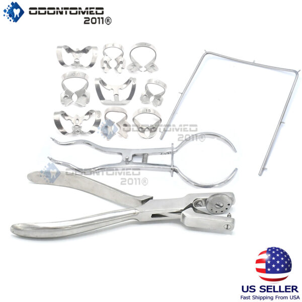 12x Rubber Dam Kit Starter - Frame Ainsworth Punch Clamps Ivory Forceps Dental