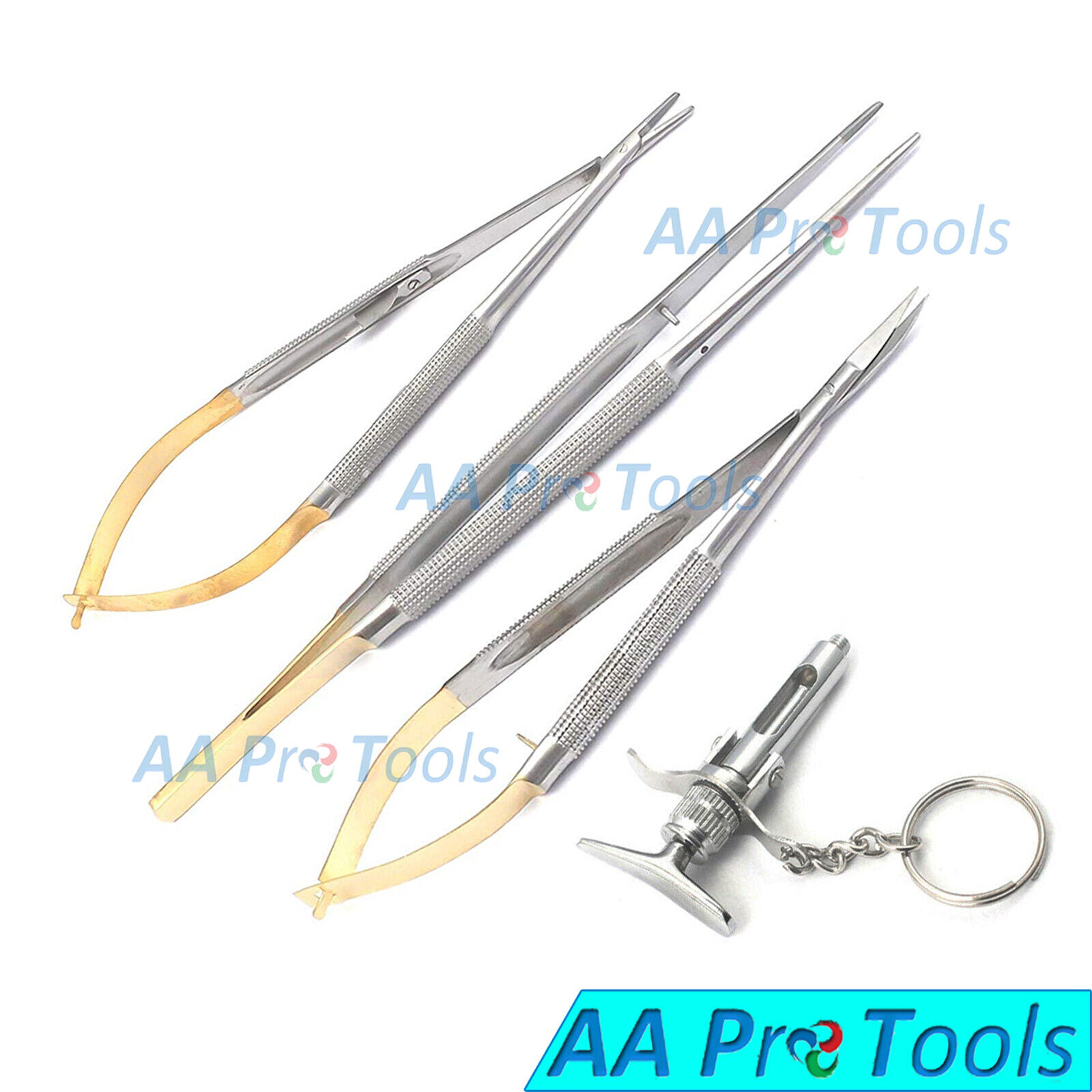 3-TC-Castroviejo-Micro-Scissor-Needle-Holder-Forcep-7-Str-Eye-Set-Kit-KeyChain-254187323516-2