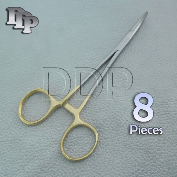 8 MOSQUITO HEMOSTAT LOCKING SURGICAL FORCEP 5" CURVED WITH GOLD HANDLE