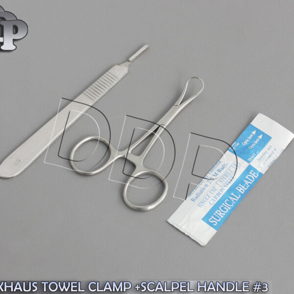 BACKHAUS TOWEL CLAMP 3.5"+SCALPEL HANDLE #3+5 SURGICAL BLADES #15