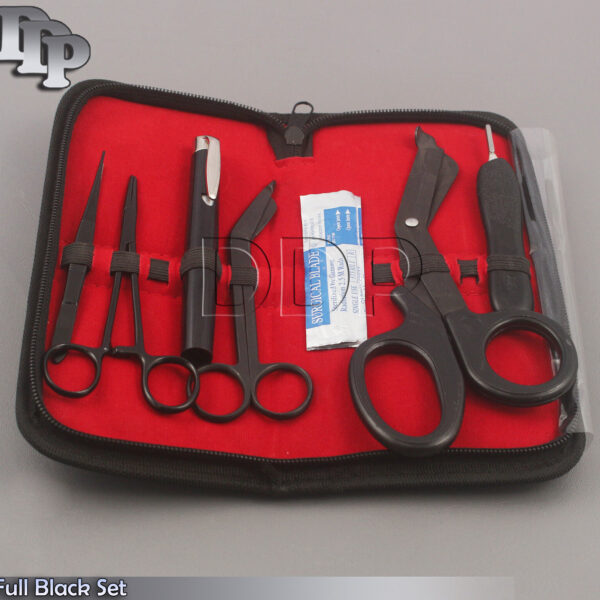 EMT Penlight Bandage Scissors Mayo Needle Splinter Full Black 6 Pcs Set+4 Blades