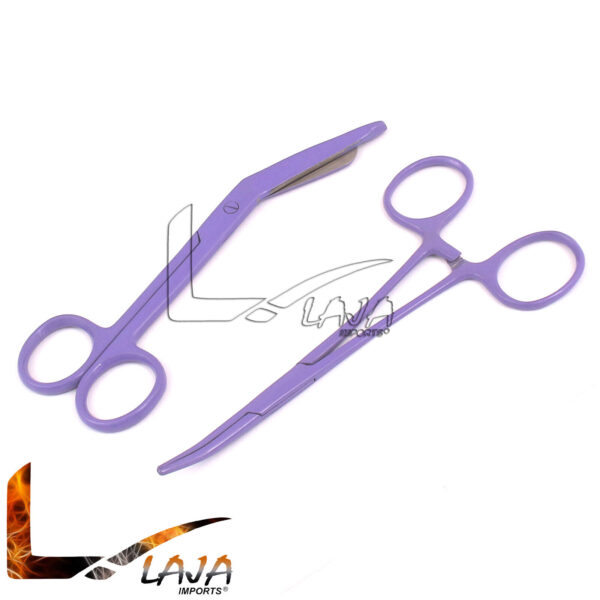 Lister Bandage Scissors 5.5" + Crile Hemostat Forceps Curved 5.5" Purple Color
