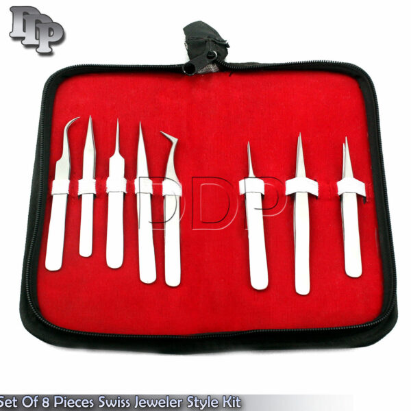 8 PC SWISS JEWELER STYLE PRECISION MICRO FORCEPS TWEEZERS SET KIT