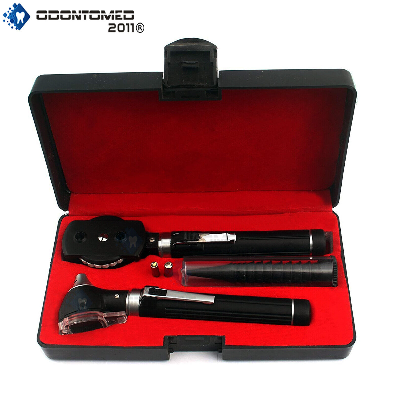 Black-Pocket-Otoscope-Set-Double-Handle-2-Free-Bulbs-Bright-White-Light-Led-131062641929