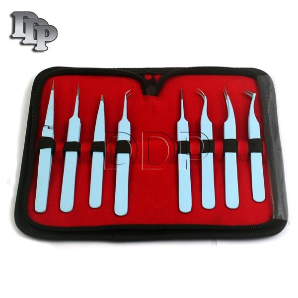 Set Of 8 Pieces Stainless Steel Sky Blue Color Eyelash Extension Tweezers